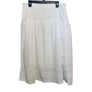 Skirt White Eyelet Embroidered Dropped-Waist Midi Sz L Prairie Cottagecore